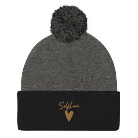 Self Love Pom-Pom Beanie - Women's Beanie with Embroidery (Color: Dark Heather Grey/ Black)